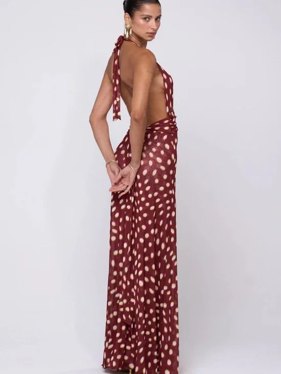 RESA Burgundy Halter Maxi with Cream Spot Print - Picture 2 of 4